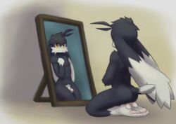 2019 absurd_res anthro ass balls black_fur digital_media_(artwork) domestic_cat eoks felid feline felis fur hi_res klonoa klonoa_(series) lagomorph leporid long_ears looking_at_viewer male male_only mammal multicolored_fur nude penis rabbit simple_background solo solo_male video_games white_fur