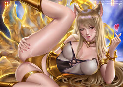 1girls ahri alexander_dinh alternate_costume blonde_hair breasts cleavage female female_only fox_ears gold_panties k/da_ahri k/da_ahri_prestige_edition k/da_series large_breasts league_of_legends looking_at_viewer panties partially_visible_vulva solo spread_legs yellow_eyes