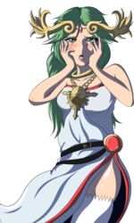 absurdres blush goddess green_eyes green_hair holding_face jewelry kid_icarus lady_palutena looking_at_viewer palutena shopkeeper_(artist) solo solo_female super_smash_bros. thighhighs thighs