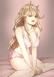 bed bra breasts brown_eyes brown_hair cleavage faye_(fire_emblem) female fire_emblem fire_emblem_echoes:_shadows_of_valentia high_resolution jotun7 pantsu pink_bra pink_panties sitting solo underwear yawning