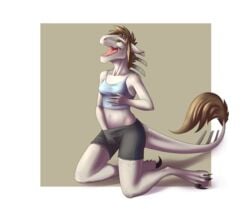 anthro bottomwear clothing fan_character female fern hi_res little.sparrow mammal masturbation orgasm shorts solo sportswear topwear