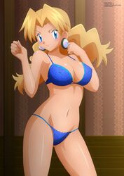 1girls armpits bare_shoulders belly big_breasts blonde_hair blue_bra blue_eyes blue_panties blush bra breasts brown_background clothed earrings eye_contact female female_only human long_hair looking_at_viewer me_snowdon midriff molly_hale navel nintendo panties pokemon pokemon_(movie) pokemon_3:_the_movie_-_spell_of_the_unown:_entei smile solo source_request spread_legs standing text underwear watermark zel-sama