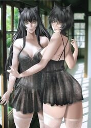 black_hair blake_belladonna cat_ears kali_belladonna lingerie long_hair mature mature_female milf mother_and_daughter orca.huang rwby short_hair thighhighs yellow_eyes