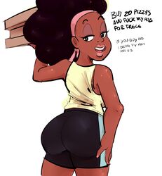 2019 afro ass bedroom_eyes big_ass bike_shorts black_hair black_shorts butt_shot cartoon_network clothed_female dark-skinned_female dbaru dialogue eyelashes eyeshadow female female_focus female_only kiki's_pizza_delivery_service_(steven_universe) kiki_pizza looking_back rear_view seductive solo steven_universe teasing text white_background