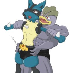 1:1 2019 2boys 4_arms abs aganenaga anthro anthrofied arm_grab belt blue_fur bulge canine clothes clothing cum cum_through_clothing erection furry gay grey_skin hi_res holding interspecies larger_male lucario machamp male male_only multi_arm multi_limb muscular muscular_male nintendo no_nipples open_mouth pokemon pokemon_(species) pokemon_dppt pokemon_rgby red_eyes shared_clothes size_difference smaller_male sweat topless underwear video_games wet wet_clothing yaoi yellow_fur