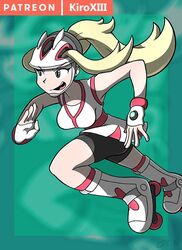 1girls armpits bare_shoulders bike_shorts blonde_hair breasts clothed female female_only fingerless_gloves gloves green_background grey_eyes gym_leader helmet human kiroxiii korrina_(pokemon) long_hair mega_stone nintendo patreon pokemon pokemon_xy ponytail roller_skates shorts skin_tight text url watermark