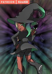 cephalopod_humanoid dark-skinned_female dark_skin female green_eyes kiroxiii knight_vs._wizard_splatfest marina_(knight_vs._wizard) marina_(splatoon) nintendo octoling solo splatoon splatoon_2 watermark witch_hat