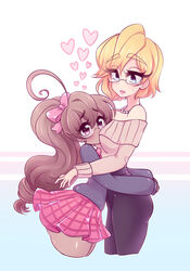 2girls black_legwear blonde_hair blue_eyes blush breast_smother brown_hair cute earrings glasses heart hearts hug hugging leggings peachpurin pearl_necklace pink_bow plaid_skirt purin purple_eyes shoulders simple_background size_difference sweater tagme yuri