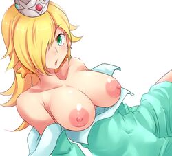 1girls areolae bangs bare_shoulders blonde_hair breasts breasts_out covered_navel crown dress dress_pull earrings female gem green_dress green_eyes hair_over_one_eye jewelry large_breasts long_hair looking_at_viewer mario_(series) mini_crown namikawa_shelter nintendo nipples no_bra open_mouth princess_rosalina simple_background solo star star_earrings super_mario_galaxy third-party_edit white_background