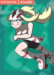 1girls bike_shorts blonde_hair blush breast_expansion breasts cleavage clothed covering_breasts embarrassed female female_only green_background grey_eyes gym_leader helmet human human_only kiroxiii korrina_(pokemon) long_hair nintendo patreon pokemon pokemon_xy ponytail roller_skates shorts skin_tight surprised text topless url watermark wide-eyed