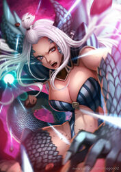 bodysuit breasts claws demon demon_girl demon_horns demon_tail fairy_tail large_breasts mirajane_strauss open_mouth satan_soul satan_soul_halphas white_hair