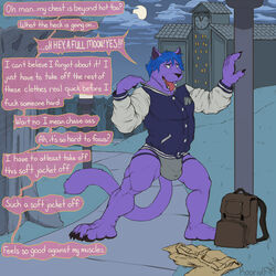 ! ... 1:1 2019 4_toes 5_fingers ? anthro backpack bulge claws clothing comic detailed_background dialogue english_text expansion felid fur growth hair hi_res jacket jockstrap koorivlf lamp male mammal moon muscle_growth muscular night open_mouth pantherine pants penis_outline purple_fur solo speech_bubble teeth text toes tongue tongue_out topwear transformation tree underwear undressing