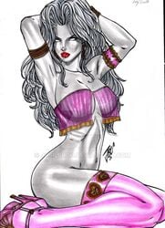 arms_behind_head bottomless chaos_comics demon_girl demoness ed_benes_studio erect_nipples female female_only frills heels high_heels joe_lima lady_death long_hair nipples nipples_visible_through_clothing pink_clothes pink_heels pink_shirt pink_stockings red_lips red_lipstick see-through see-through_clothing sheer solo stockings white_eyes white_hair