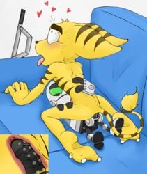 absurd_res clank_(ratchet_and_clank) cum fur hi_res internal lombax machine male male_only mammal nude orgasm penis ratchet_(ratchet_and_clank) ratchet_and_clank retrotard riding robot sex sofa stripes sweat video_games