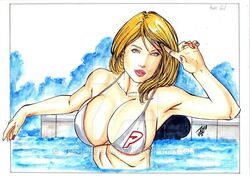 big_breasts bikini blonde_hair blue_eyes bra breasts busty cleavage dc dc_comics earth-2 earth2 earth_2 ed_benes_studio joe_lima jsa justice_society justice_society_of_america karen_starr kryptonian nail_polish pool power_girl red_lips red_lipstick red_nail_polish red_nails short_hair superheroine voluptuous