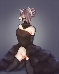 anthro blush clothed clothing equid female horn kneeling legwear looking_at_viewer mammal ni70 pussy reins simple_background solo solus_fortunes stockings unicorn
