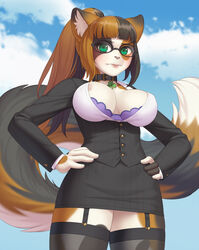 1girls anthro areola_slip bangs black_hair blunt_bangs bra breasts brown_hair business_suit cleavage collar cristalavi feline female formal furry garter_straps glasses green_eyes hands_on_hips long_hair looking_at_viewer melody_(mellybyte) office_lady open_clothes original outdoors ponytail skirt solo tail thighhighs two_tone_hair unbuttoned