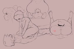 1boy 1girls anal anus ass breasts cow_girl cowgirl_position cum_in_pussy cum_inside feet female leaking_anus looking_at_another lying male mario mario_(series) mating_press monochrome multiple_views nintendo on_back penis ponytail princess_peach pussy rubellite sex simple_background sketch testicles tied_hair vaginal_penetration