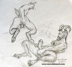 2016 backsack beard boner caressing_balls curled_horns duo erect_nipples erection eyes_closed facial_hair flaccid gay greyscale hand_on_ass hooves horns horns_and_hooves imminent_sex looking_back male male_only marc_debauch monochrome pencil_(artwork) penis presenting_anus ridged_horns satyr signature solo spread_legs traditional_media_(artwork) uncut url yaoi