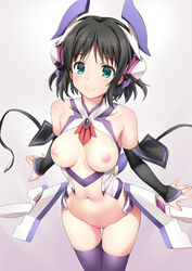 bare_shoulders black_gloves black_hair black_legwear blue_eyes blush bottomless breasts breasts_out closed_mouth elbow_gloves eyebrows eyebrows_visible_through_hair female fingerless_gloves gloves gradient gradient_background groin highres kohinata_miku large_breasts looking_at_viewer navel nipples no_bra no_panties senki_zesshou_symphogear shiny shiny_hair shiny_skin short_hair simple_background smile solo tamahiyo thighhighs