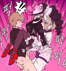 1boy 2girls anal anal_penetration anal_sex bisexual bisexual_double_penetration bisexual_female celestia_ludenberg clothed_sex danganronpa danganronpa_v3 double_penetration drill_hair female goth gothic gothic_lolita high_heels human mackgee maggea22 male motion_blur motion_lines multiple_girls penis sex sex_toy smooth_skin stand_and_carry_position standing_sex strap-on testicles threesome togami_byakuya toujou_kirumi white-skinned_female