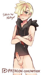 1boy blonde_hair bottomless clothes crossed_arms earrings embarrassed erection gladion_(pokemon) green_eyes hair_over_one_eye half-closed_eyes human male male_only mothyx patreon penis piercing pokemon pokemon_sm short_hair sketch solo_male standing text url watermark white_background yaoi