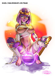 1girls alternate_costume aqua_eyes areolae ass asymmetrical_legwear bandages bangs barefoot blunt_bangs blush bob_cut bracelet breasts crystal_ball curvy dark-skinned_female dark_skin egyptian elbow_gloves erect_nipples feet female female_only fingerless_gloves gloves glowing jewelry large_ass large_breasts lipstick makeup menat navel nipples nude open_mouth purple_hair purple_legwear pussy rankgo sarashi short_hair simple_background solo spread_legs squatting street_fighter street_fighter_v thighhighs tiara toenail_polish toes