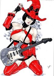 2017 big_breasts black_hair blue_eyes bob_cut boots busty curvy dated ed_benes_studio erect_nipples exposed_nipples fingerless_gloves gardenio_lima guilty_gear guitar hat i-no nipples pink_lips red_boots red_clothes red_hat short_hair signature voluptuous witch_hat