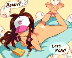 1girls absurdres armband ass blue_eyes breasts brown_hair egg eyelashes feet female female_focus female_only flat_chest hair handheld_game_console hat highres hilda_(pokemon) human legs legs_crossed legs_up looking_at_viewer nintendo nintendo_ds nipples nude nude_female on_stomach one_eye_covered optionaltypo outdoors panties panties_around_leg pillow pokemon pokemon_bw small_breasts smile soles solo source_request speech_bubble stylus tanline text the_pose toes video_games watermark