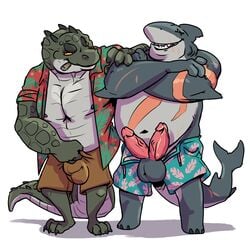 1:1 absurd_res anthro bulge clothed clothing crocodile crocodilian crocodylid diphallia diphallism duo erection fish hi_res humanoid_penis male male_only marine multi_penis muscular muscular_male nipples overweight penis reptile scalie shark simple_background sinibun_95 slightly_chubby standing