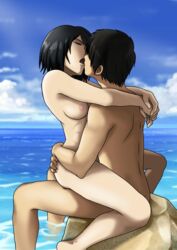 1boy 1girls abs areolae arms_around_neck asian ass ass_grab athletic_female attack_on_titan bare_legs bare_shoulders barefoot beach black_eyes black_hair blue_sky bottomless breasts closed_eyes cloud codexxx_(artist) duo embrace eremika eren_jaeger eyelashes female fit_female grey_eyes happy_sex hip_grab hug human implied_sex implied_vaginal kissing kissing_while_penetrated light-skinned_female looking_pleasured lotus_position male medium_breasts medium_hair mikasa_ackerman nipples no_bra no_panties nude ocean open_mouth outdoors pale_skin pleasure_face rock romantic scar sea sex shingeki_no_kyojin short_hair shoulder_blades sitting sitting_on_lap sitting_on_person sky slim stone straddling straight topless upright_straddle vaginal_penetration waist_grab water