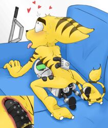 absurd_res blush clank_(ratchet_and_clank) cum fur gay hi_res lombax machine male male/male male_only mammal orgasm orgasm_face penis ratchet_(ratchet_and_clank) ratchet_and_clank retrotard riding robot sex sofa stripes sweat video_games yaoi