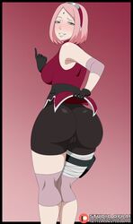 1girls ass big_ass big_breasts big_butt bike_shorts bubble_butt cameltoe clothed_female clothing clothing_lift dat_ass elbow_pads female female_only from_behind gloves green_eyes huge_ass inviting inviting_to_sex knee_pads large_breasts lifted_by_self milf mostly_clothed naruto naruto:_the_last naruto_(series) naruto_shippuden no_underwear pink_hair presenting presenting_ass presenting_hindquarters round_ass sakura_haruno sideboob sleeveless sleeveless_shirt solo solo_focus studio_oppai