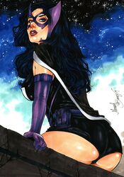 1girls 2019 ass belt big_breasts birds_of_prey black_hair blue_eyes booty_shorts breasts busty curvy dated dc dc_comics dcau ed_benes_studio erect_nipples female female_only from_behind from_below helena_bertinelli hot_pants human huntress_(dc) long_hair mariah_benes mask night nipples nipples_visible_through_clothing pouch purple_mask red_lips red_lipstick rooftop signature solo starry_sky stars superheroine tight_clothing utility_belt voluptuous