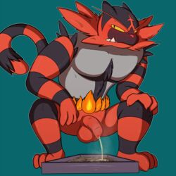 1:1 1boy 2019 3_toes anthro asbel_lhant_(artist) blush claws crouching feet fire flustered foreskin fur furry grin half-closed_eyes highres humanoid_penis incineroar litter litter_box looking_at_viewer male male_only nintendo nude paws peeing penis pokemon pokemon_sm simple_background smile snout solo squatting teeth testicles toes uncut urine watersports yellow_sclera