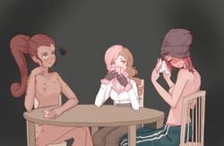 3girls blue_eyes blush card clothed_female clothed_female_nude_female clothing embarrassed embarrassed_nude_female heterochromia hiwonoafu ilia_amitola may_zedong multicolored_hair multiple_girls naked neo_(rwby) nude_female red_hair rwby strip_poker