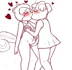 alipixel animal_crossing blush bottomless clothed clothing female fingering grope heart hi_res kissing koala mammal marsupial nintendo pecan_(animal_crossing) rodent sciurid shirt topwear video_games vombatiform yuka_(animal_crossing) yuri