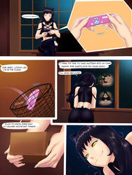 1futa 1girls age_difference amber_eyes anticipation black_hair blake_belladonna cat_ears clothing comic completely_nude daughter english_text faunus female female_focus flashback futanari grillo incest intersex kali_belladonna long_hair mostly_nude mother mother_and_daughter nude nude_female nude_futanari parent parent_and_child pregnancy_test rwby solo_focus text yellow_eyes