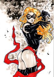 1girls 2018 abstract_background ass avengers big_breasts black_boots black_gloves black_leotard blonde_hair blue_eyes boots breasts busty carol_danvers curvy dated domino_mask ed_benes_studio erect_nipples female female_only gardenio_lima gloves human leotard marvel mask ms._marvel ms._marvel_(carol_danvers) nipples nipples_visible_through_clothing signature solo superheroine tight_clothing voluptuous