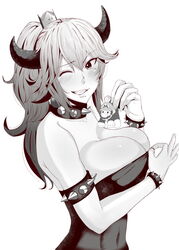 1boy 1girls beauty_mark big_breasts blonde blonde_hair bowsette bracelet bracelets breasts busty cleavage collar crown genderswap horn horns looking_at_viewer mario mario_(series) monochrome mucc new_super_mario_bros._u_deluxe nintendo one_eye_closed smaller_male smile spiked_armlet spiked_bracelet spiked_collar super_crown super_mario_bros. tagme wink