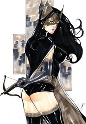 1girls 2017 ass big_breasts birds_of_prey black_cape black_clothes black_clothing black_hair booty_shorts breasts busty cape city cityscape crossbow curvy dated dc dc_comics ed_benes_studio erect_nipples female female_only gardenio_lima gloves gotham green_eyes helena_bertinelli holding_weapon human huntress_(dc) justice_league long_hair mask nipples nipples_visible_through_clothing pink_lips pouch pouches purple_gloves signature smog solo superheroine tight_clothing utility_belt voluptuous weapon