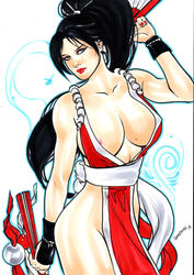 1girls 2018 arm_guards big_breasts black_hair blue_eyes breasts busty curvy dated ed_benes_studio erect_nipples fan fans fatal_fury female female_only gardenio_lima king_of_fighters long_hair loose_clothing mai_shiranui martial_artist nipples nipples_visible_through_clothing pink_nipples pinup ponytail red_clothing red_lips red_lipstick signature snk solo thighs voluptuous