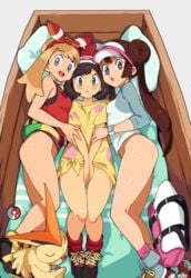 3girls age_difference ass bag black_hair blanket blue_eyes blush bottomless box breasts brown_hair cap clothed clothing covering covering_crotch crate eyebrows eyebrows_visible_through_hair eyelashes eyes female female_only girl_in_a_box hair hair_bun hair_ornament hair_ribbon highres human human_only larger_female looking_at_viewer lying lying_down may_(pokemon) may_(pokemon_oras) mostly_clothed multiple_girls nintendo on_back open_mouth optionaltypo pillow pokémon_(species) poke_ball pokemon pokemon_bw pokemon_oras pokemon_sm rosa_(pokemon) selene_(pokemon) shoes size_difference sleeping small_breasts source_request teeth victini wide_hips