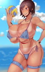 1girls areola_slip beach beauty_mark big_breasts bikini blue_bikini bracelet breast_squish breast_suppress breasts brown_hair busty clouds curvy dark_hair facial_marking female hand_on_hips heart huge_breasts hyper_breasts kazama_asuka lactating lactation lactation_through_clothes mole mole_(marking) mole_under_eye mole_under_mouth mucc navel nipple_bulge nipples nipples_visible_through_clothing ocean red_nails short_hair side-tie_bikini sideboob skindentation sky smile smiling soft_breasts solo swimwear tan tan_lines tan_skin tanline tanlines tanned tanned_skin tekken thick_thighs thigh_squish thigh_strap thighlet tomboy underboob volleyball wardrobe_malfunction water wet_clothes wet_skin wide_hips