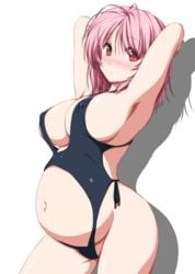 armpits arms_behind_head arms_up bangs black_swimsuit blush breasts cowboy_shot drop_shadow erect_nipples erect_nipples_under_clothes eyebrows_visible_through_hair female groin hair_between_eyes high_resolution large_breasts looking_at_viewer navel nipples no_hat no_headwear nori_tamago nose_blush one-piece_swimsuit pink_hair pregnant ready_to_pop red_eyes short_hair simple_background solo standing stomach swimsuit thighs third-party_edit touhou white_background yuyuko_saigyouji