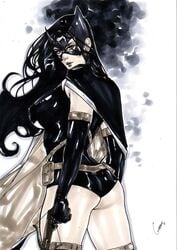 2017 abstract_background ass belt big_breasts birds_of_prey black_cape black_hair bodysuit breasts busty cape crossbow curvaceous curvy dated dc dc_comics ed_benes_studio erect_nipples female female_only from_behind gardenio_lima helena_bertinelli human huntress_(dc) justice_league leotard long_hair mask nipples nipples_visible_through_clothing pouch purple_mask signature solo superheroine tight_clothes tight_clothing utility_belt voluptuous white_cape