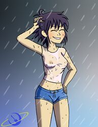 1girls asian belly_button black_hair blush breasts closed_eyes erect_nipples exhibitionism female female_only gorillaz medium_hair midriff midriff_baring_shirt navel nipples noodle_(gorillaz) nudity outdoors perky_breasts rain shorts small_breasts smile smiling solo standing thehappyspaceman thin_waist topless watermark wet_clothes wet_shirt wet_t-shirt