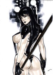 1girls 2018 abstract_background ass big_breasts black_hair black_thong breasts busty curvaceous curvy dated ed_benes_studio erect_nipples female female_ass female_only from_behind gantz gantz_suit gardenio_lima holding_sword holding_weapon human latex leather nipples nipples_visible_through_clothing pinup shimohira_reika signature sling_bikini solo sword thick_thighs thong thong_bikini voluptuous weapon