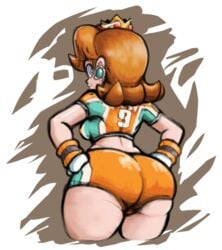 1girls ass ass_focus back_view backboob big_ass big_butt blue_eyes brachyzoid breasts brown_hair bubble_butt clothes crown curvy daisy's_hot_stuff_(trend) dat_ass earrings female female_only gloves hand_on_hip huge_ass human mario_(series) mario_strikers navel nintendo princess_daisy shoulder_length_hair smile soccer_uniform solo solo_female sports_uniform style_parody super_mario_bros. thick_thighs thighs tomboy white_gloves