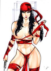 1girls 2018 arm_guards assassin bare_breasts big_breasts black_hair breasts busty cap curvaceous curvy daredevil_(series) dated ed_benes_studio elektra_natchios female female_only gardenio_lima green_eyes hair_covering_breasts headwear human long_hair marvel nipples panties pink_nipples red_cap red_lips red_lipstick red_panties sais signature solo superheroine voluptuous